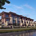 Elegant Row Of Townhouses With Waterfront Green Lawn Brown Beige Facade And Trees