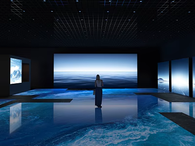 Open Interactive Zone With Standing Person Large Screen Ocean View And Reflective Floor 3d model