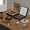 Vintage Cigar Themed Decorative Ornament Set With Wooden Boxes Hourglass Pipe And Ashtray
