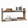 Dinnerware Set with Wooden Plates Metal Canisters White Cups and Plates on Wooden Shelf