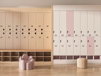 Modern Wooden Wardrobe with Numbered Compartments White Pink Storage Shelves and Seating 3d model