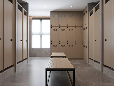 Bright Spacious Modern Fitness Locker Room With Rows Of Lockers And Central Bench 3d model