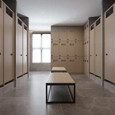 Bright Spacious Modern Fitness Locker Room With Rows Of Lockers And Central Bench 3d model