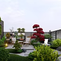 Rooftop Garden With Lush Plants Chairs Round Table Stone Path Small Pond And Decorative Stones