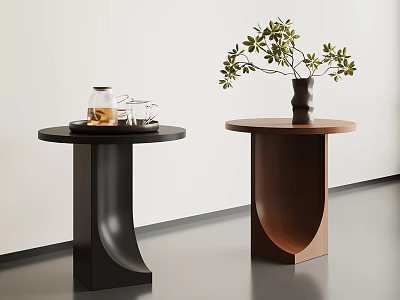 Modern Side Tables With Round Tops Curved Bases Glass Jar Teacups Tray Vase And Plant 3d model