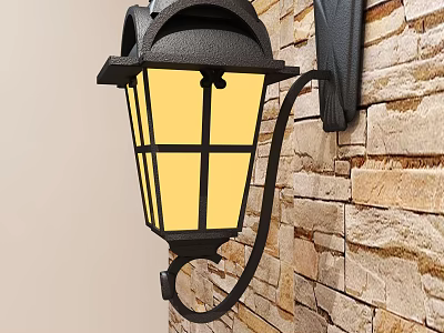 Traditional Black Metal Wall Lantern with Yellow Illuminated Shade on Stone Brick Wall 3d model