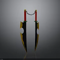 Double Daggers With Red Handles And Black Gold Blades Connected By Chain