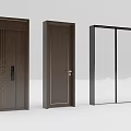 Dark Brown Solid Wood Swing Doors Featuring Decorative Lines Handle And Lock 3d model