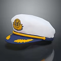 White And Blue Military Style Hat Featuring Yellow Emblem And Decorative Trim