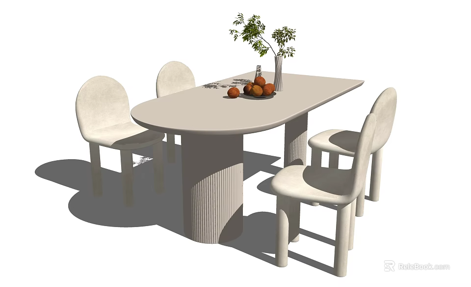 Minimalist Light Colored Oval Dining Table Set With Four Chairs Green Plant And Fruit Bowl 3d model 