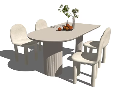 Minimalist Light Colored Oval Dining Table Set With Four Chairs Green Plant And Fruit Bowl 3d model
