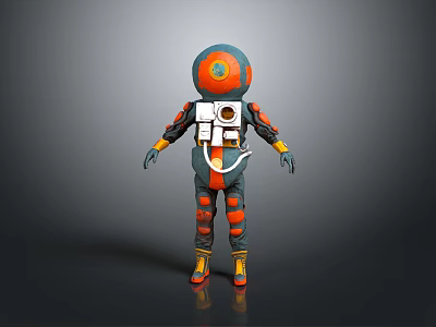 Detailed Futuristic 3D Sci Fi Character In Orange Blue Suit With Back Equipment 3d model