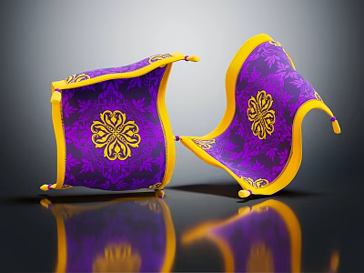Purple And Yellow Decorative Cushions With Floral Pattern And Tassels On Shiny Surface 3d model
