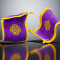 Purple And Yellow Decorative Cushions With Floral Pattern And Tassels On Shiny Surface