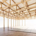 Wooden Building Frame Structure With Open Roof Truss And Support Columns