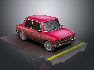 Red Classic Sedan Parked On Asphalt With Yellow Line And Gray Background 3d model
