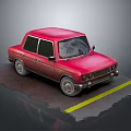 Red Classic Sedan Parked On Asphalt With Yellow Line And Gray Background