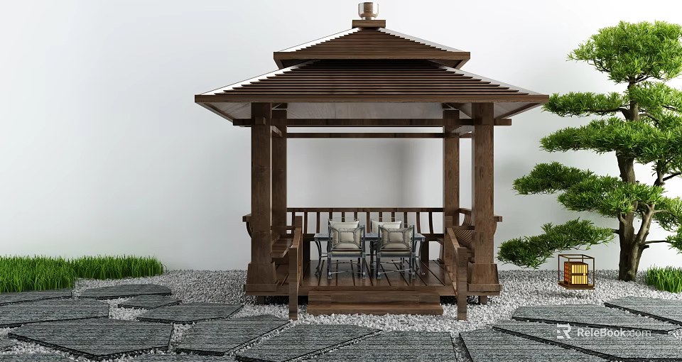 Traditional Wooden Pavilion With Roof And Outdoor Seating Area Near Stone Path And Pine Tree 3d model 