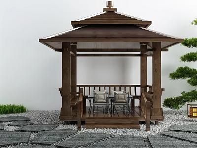 Traditional Wooden Pavilion With Roof And Outdoor Seating Area Near Stone Path And Pine Tree 3d model