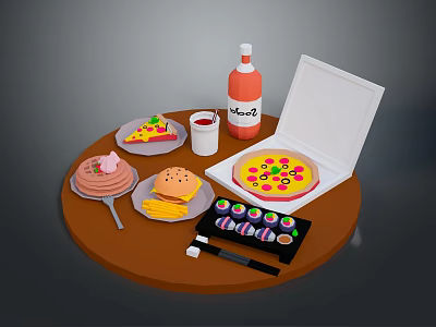Assorted Foods On Round Table With Pizza Cake Chips Sushi Ketchup And Drink 3d model