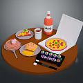 Assorted Foods On Round Table With Pizza Cake Chips Sushi Ketchup And Drink