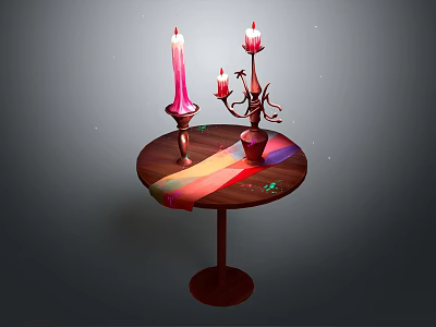 Small Round Wooden Table With Candle Holders Pink Candle Red Candles And Colorful Ribbon 3d model