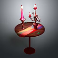 Small Round Wooden Table With Candle Holders Pink Candle Red Candles And Colorful Ribbon