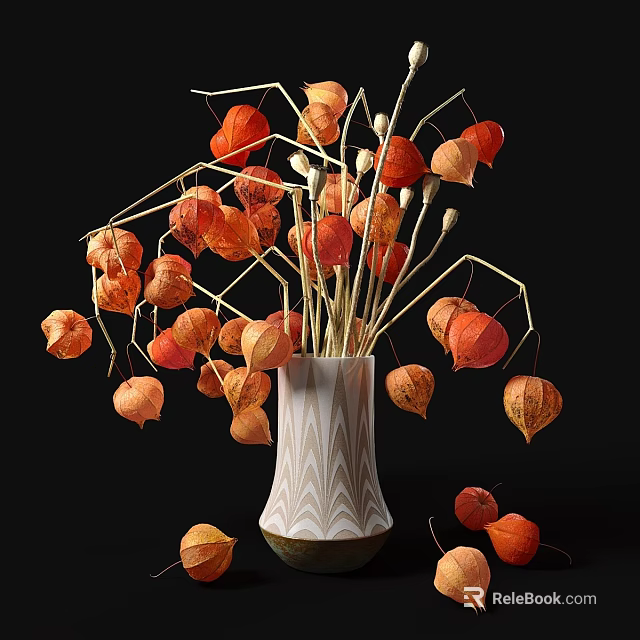 Elegant Decorative Ornament Set With White Wavy Vase Orange Red Physalis Dried Branches Black Background 3d model 