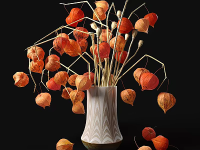 Elegant Decorative Ornament Set With White Wavy Vase Orange Red Physalis Dried Branches Black Background 3d model