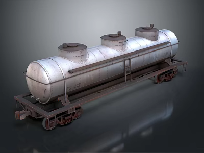 Industrial Railway Tank Car With Three Cylindrical Metallic Storage Tanks On Steel Frame 3d model