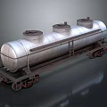 Industrial Railway Tank Car With Three Cylindrical Metallic Storage Tanks On Steel Frame