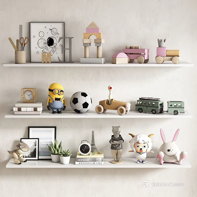 Adorable Toy Dolls on Shelf Display with Wooden Toys Soccer Ball Clock and Potted Plants 3d model 