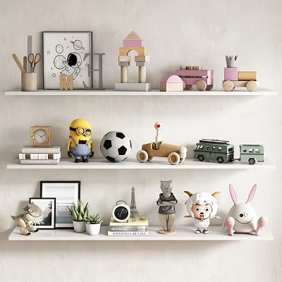 Adorable Toy Dolls on Shelf Display with Wooden Toys Soccer Ball Clock and Potted Plants 3d model
