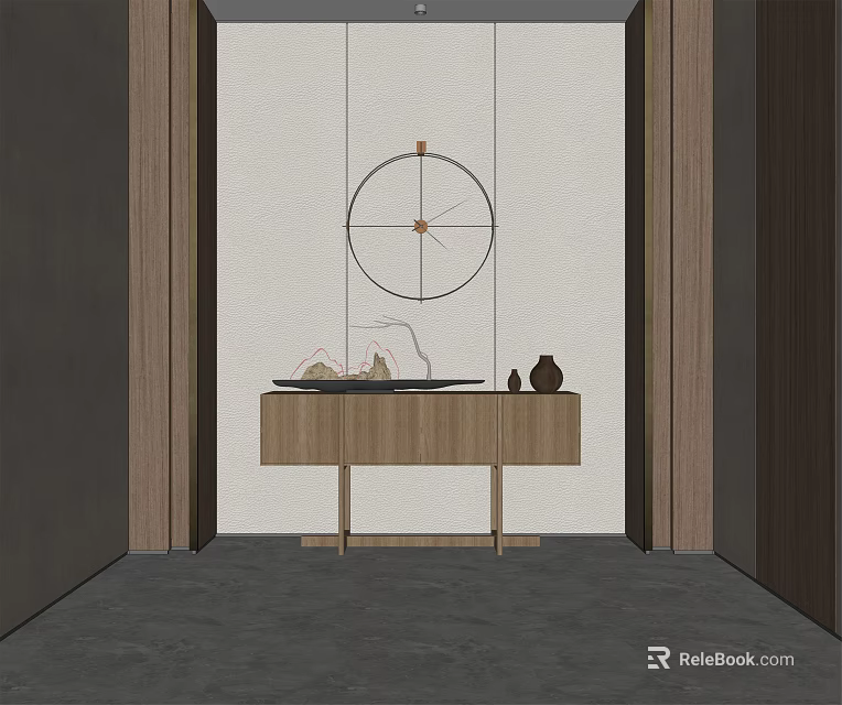 Modern Minimalist Entryway Console Table And Side Cabinet With Circular Wall Decor And Decorative Items 3d model