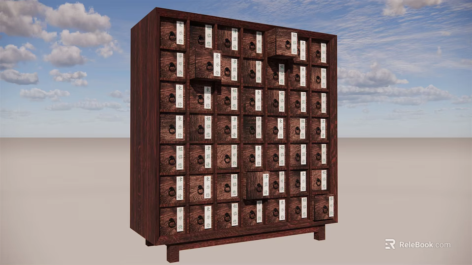 Dark Wooden Storage Cabinet With Multiple Labeled Drawers For Organized Storage Solutions 3d model 