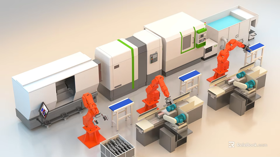 Advanced Industrial Equipment Featuring Orange Robotic Arms Automated Production Line And Blue Workbenches 3d model 