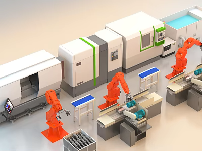 Advanced Industrial Equipment Featuring Orange Robotic Arms Automated Production Line And Blue Workbenches 3d model