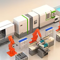 Advanced Industrial Equipment Featuring Orange Robotic Arms Automated Production Line And Blue Workbenches