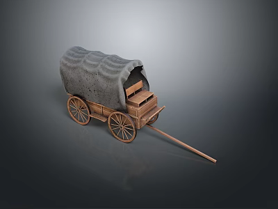 Vintage Covered Wagon With Wooden Frame Canvas Roof Wheels And Drawbar 3d model
