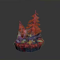 Colorful Paper Art Scene Model With Red Orange Trees And Rock Base
