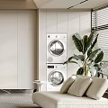 Modern Living Room Interior With TV Wall Built-in Cabinets White Sofa And Round Coffee Tables