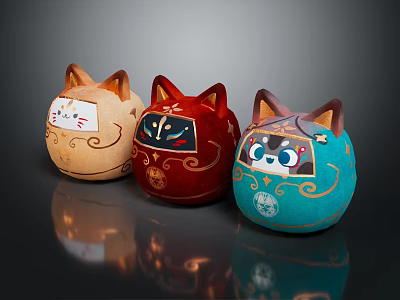 Adorable Round Cat Dolls In Brown Red Blue With Intricate Facial And Golden Patterns 3d model
