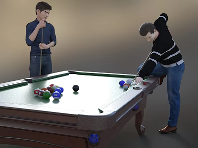 Two Men Playing Billiards At Pool Table With Cues And Colored Balls 3d model