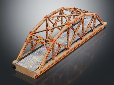 Rusted Metal Truss Bridge Structure With Steel Frame Gray Deck And Yellow Stripes 3d model