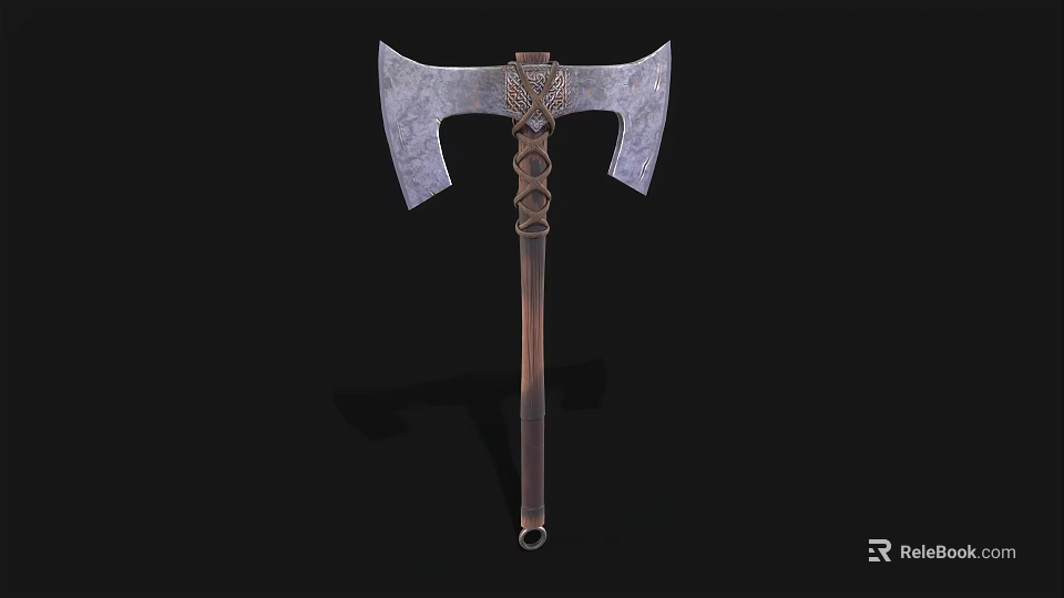 Double Edged Battle Axe Weapon With Decorative Carved Handle And Metal Blades 3d model 