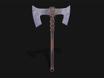 Double Edged Battle Axe Weapon With Decorative Carved Handle And Metal Blades 3d model
