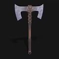 Double Edged Battle Axe Weapon With Decorative Carved Handle And Metal Blades