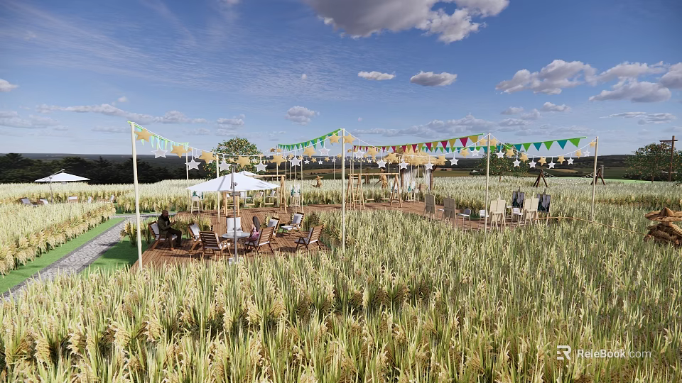 Rural Landscape Golden Wheat Field Colorful Bunting White Canopy Tables Chairs Under Blue Sky Clouds 3d model 