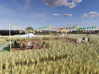 Rural Landscape Golden Wheat Field Colorful Bunting White Canopy Tables Chairs Under Blue Sky Clouds 3d model