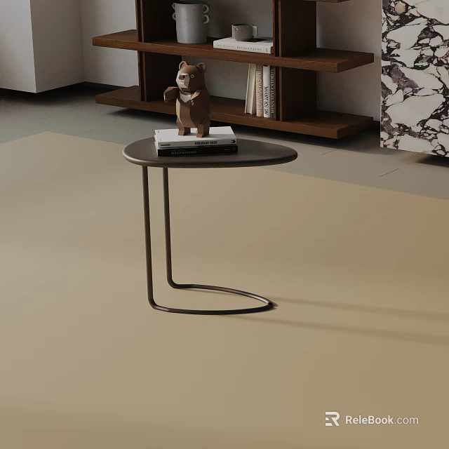 Modern Minimalist Side Table With Round Dark Wood Top Black Metal Frame Teddy Bear And Books On Wooden Bookshelf Background 3d model 